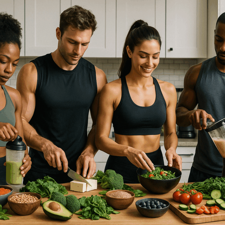 Diverse group of athletes preparing colorful meals with plant-based proteins, grains, and vegetables as part of a vegan athlete diet meal plan.