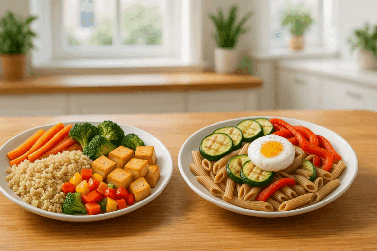 Colorful comparison of vegan vs vegetarian meals on a table, featuring plant-based foods like tofu, vegetables, and eggs