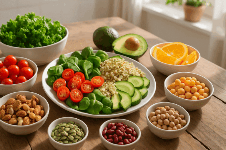 Colorful vegetarian meal with grains, legumes, vegetables, and fruits arranged on a table, illustrating the question: is a vegetarian diet healthy