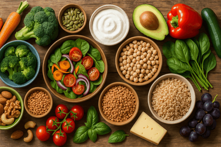 Split-screen visual comparing plant based diet vs meat, with colorful grains and vegetables on one side and red meat and eggs on the other.