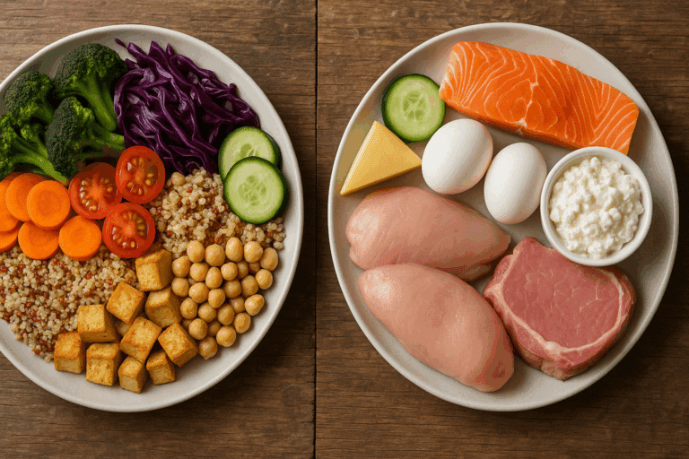 Colorful side-by-side comparison of healthy plates representing vegetarian vs non vegetarian diets on a wooden table.