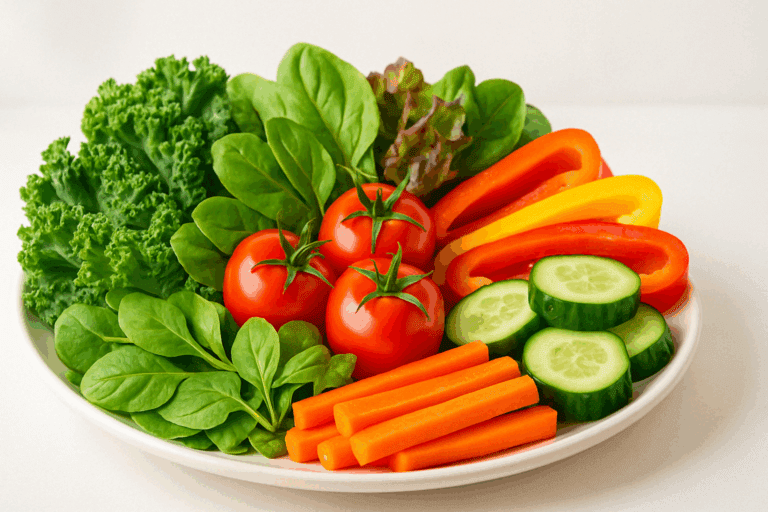 "Colorful plate filled with fresh vegetables like tomatoes, cucumbers, bell peppers, and leafy greens to illustrate healthy eating and answer the question, 'can vegetables make you fat?'"