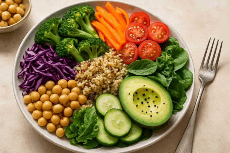 "Healthy plant-based meal featuring vegetables, whole grains, legumes, and fruits—ideal for understanding what to eat for a calorie deficit to lose weight."