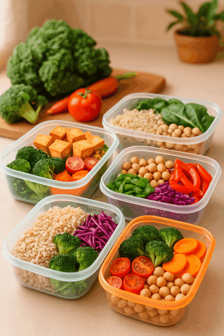 "Meal prep for weight loss featuring healthy, colorful lunch containers with plant-based proteins, fiber-rich vegetables, and whole grains arranged on a kitchen counter."