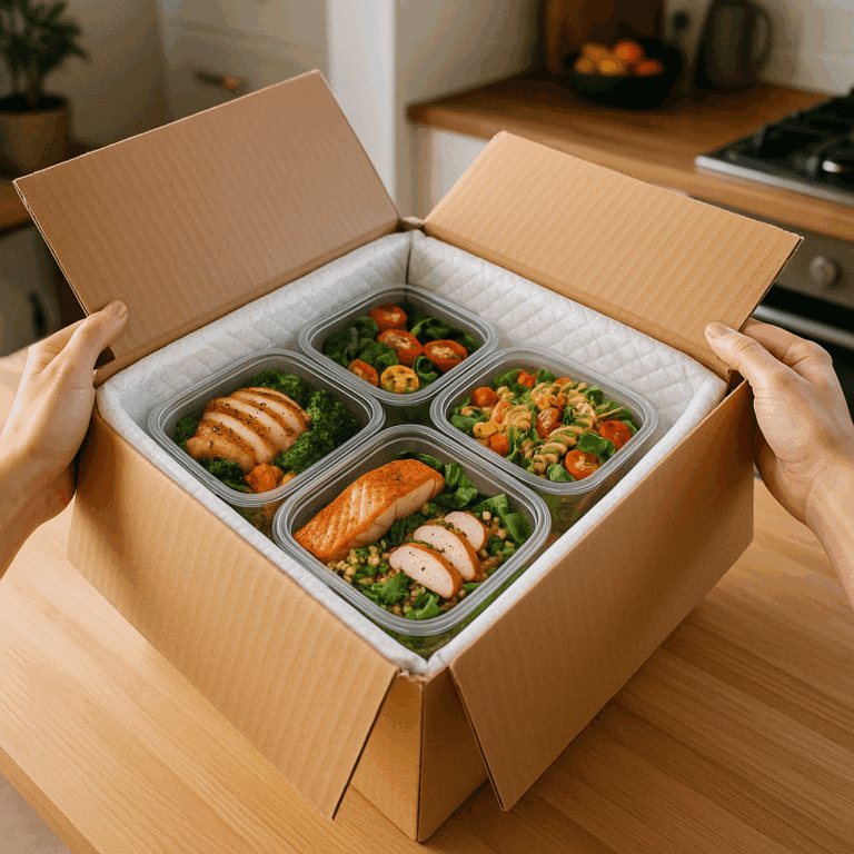 "Prepared meal delivery box opened to reveal gourmet, healthy meal containers, emphasizing the convenience and quality of meal delivery services—are meal delivery services worth it?"