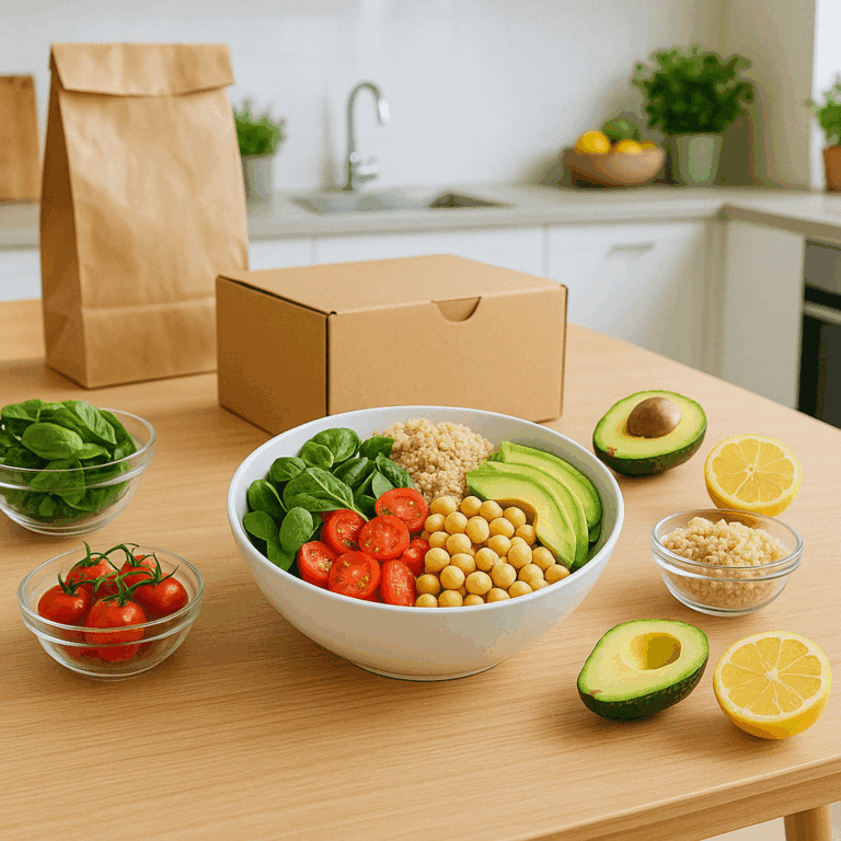 Fresh ingredients for a healthy salad meal delivery including leafy greens, chickpeas, avocado, and colorful vegetables in eco-friendly containers