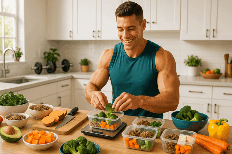 High-protein plant-based bulking meal prep recipes with tofu, lentils, quinoa, sweet potatoes, and leafy greens in reusable containers