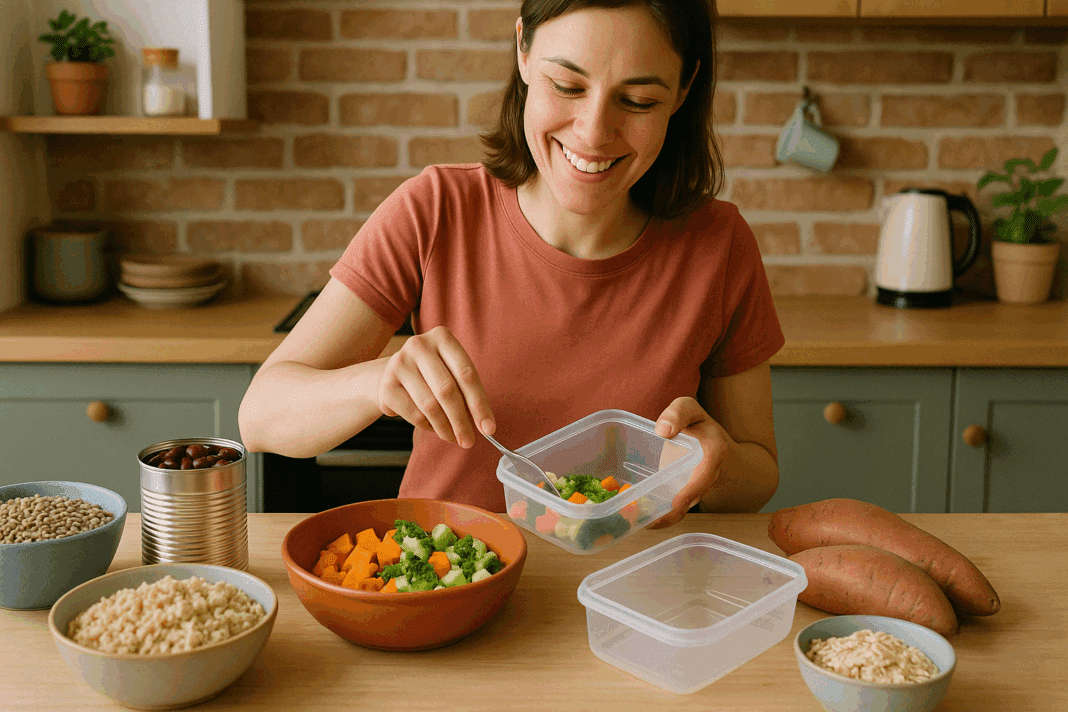 Person preparing healthy inexpensive meal prep with lentils, sweet potatoes, canned beans, and vegetables in a cozy home kitchen