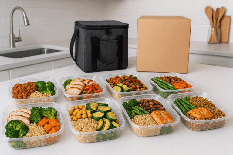Portioned healthy meals in reusable containers featuring lean protein, grains, and vegetables from the best weight loss meal delivery service