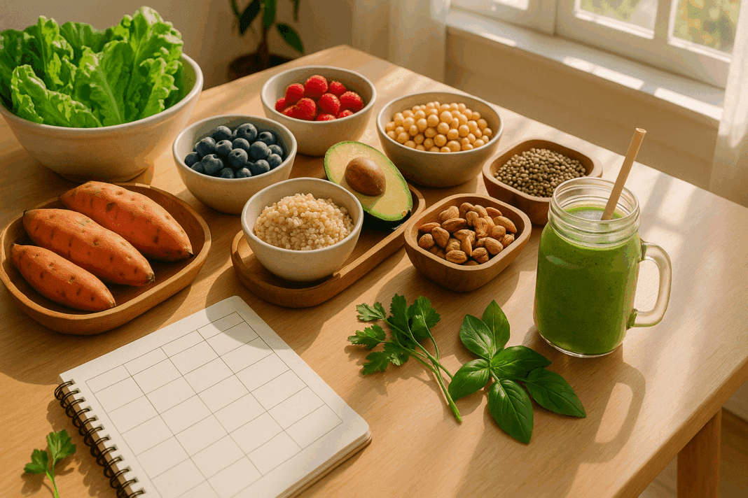 Colorful assortment of whole foods and a weekly planner on a kitchen table illustrating a clean eating meal plan