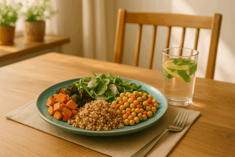 Healthy plant-based meal on a kitchen table representing cutting back eating with balanced nutrition and satisfaction
