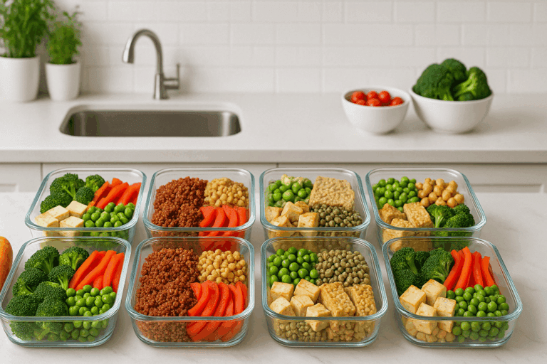 Balanced meal prep containers with colorful vegetables, grains, and plant proteins showing what to eat while cutting