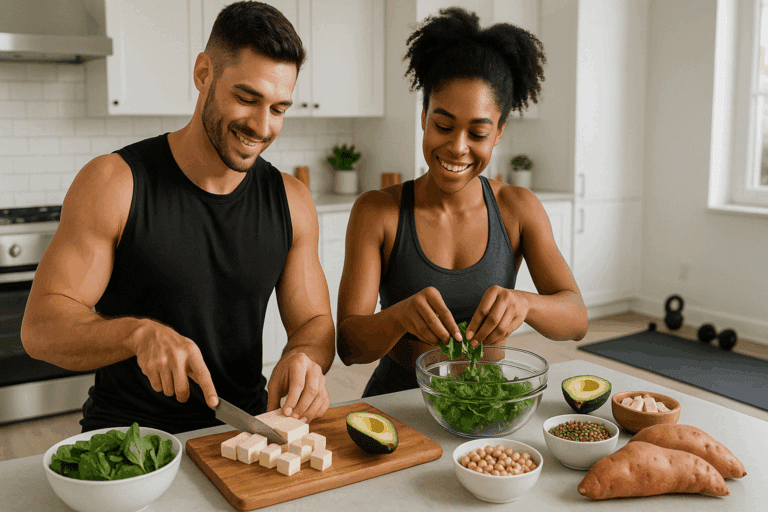 "Meal prep containers with balanced whole foods showing how to eat for fat loss and muscle gain"