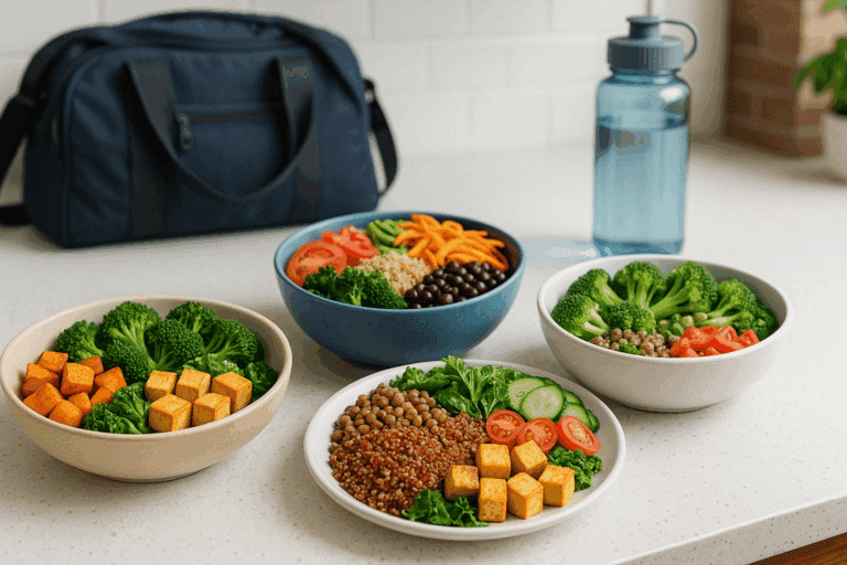 Whole food spread featuring tofu, lentils, quinoa, and vegetables representing easy high protein meals for muscle gain