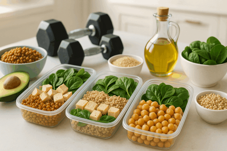 Meal prep layout with high-protein plant foods like tofu, quinoa, and vegetables organized into containers for bodybuilding simple meals