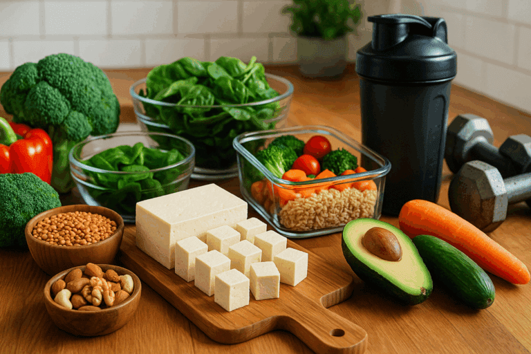 Whole-food meal prep with tofu, lentils, vegetables, and nuts showing what to eat to build muscle and burn fat