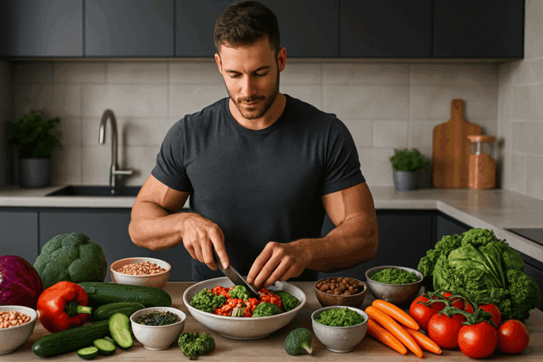 Healthy meal prep containers with plant-based ingredients arranged for a balanced male nutrition plan