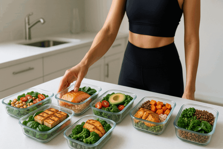 Fresh meals in reusable containers on a kitchen counter, highlighting a fitness meal prep service designed for healthy eating routines