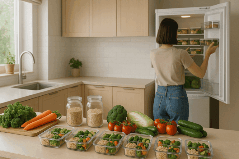 Fresh ingredients and prepped meals on a kitchen counter, illustrating easy weekly meal plans for a healthy lifestyle.