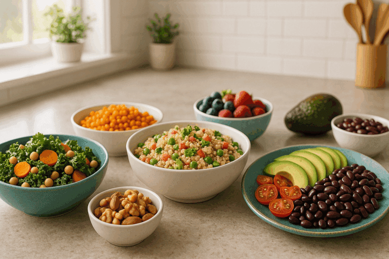 Colorful spread of whole food plant-based recipes for diabetics, including lentils, leafy greens, quinoa, avocado, and berries arranged on a kitchen table.
