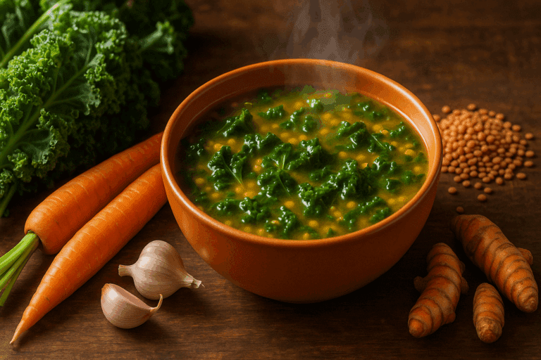Bowl of steaming soup with kale, carrots, lentils, and garlic on a rustic table, showcasing nutrient-rich vegan kale soup recipes for plant-based health.