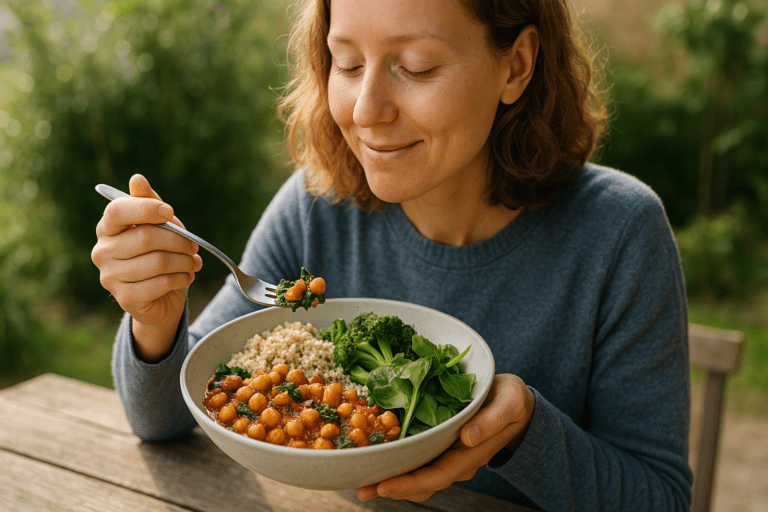 A photograph taken in the morning shows a young woman with light brown wavy hair sitting outdoors at a rustic wooden table, enjoying a hearty vegetarian stew. The scene is bathed in soft natural morning light, with a blurred garden in the background, highlighting the vibrant colors of the plant-based meal featuring chickpeas, broccoli, quinoa, and salad. This image visually reinforces the theme of nourishing vegetarian entrees with a peaceful, health-conscious ambiance.