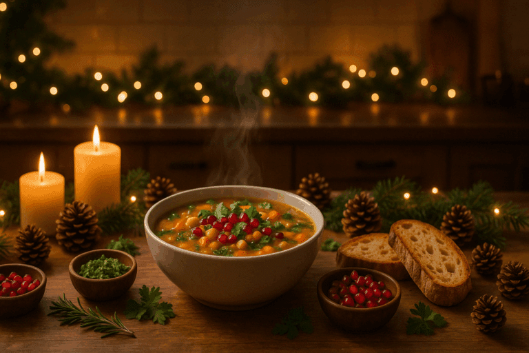 Steaming bowl of festive vegan soup with winter vegetables, herbs, and artisanal bread on a cozy holiday table setting