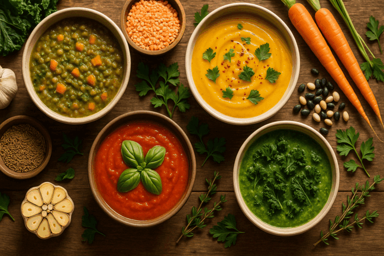 Bowl of creamy cauliflower and white bean soup garnished with herbs, part of comforting vegan and gluten free soup recipes collection.