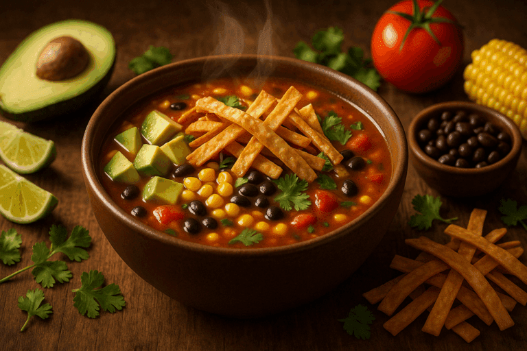 Hearty bowl of plant-based tortilla soup topped with avocado, lime wedges, and baked tortilla strips, surrounded by fresh vegetables and herbs