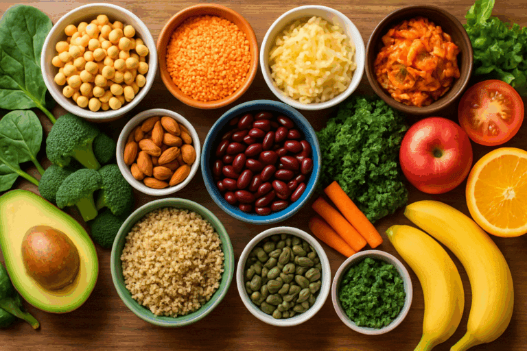 Colorful flat-lay of whole plant foods including grains, legumes, fruits, vegetables, and seeds representing nutrient-rich things vegans can eat.