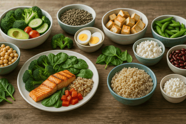 Balanced high protein diet meal plan with tofu stir-fry, quinoa, lentils, and vegetables prepared in reusable meal prep containers
