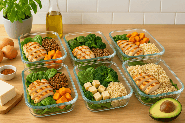Colorful high protein low calorie meal prep containers filled with lean meats, grains, and vegetables on a modern kitchen counter