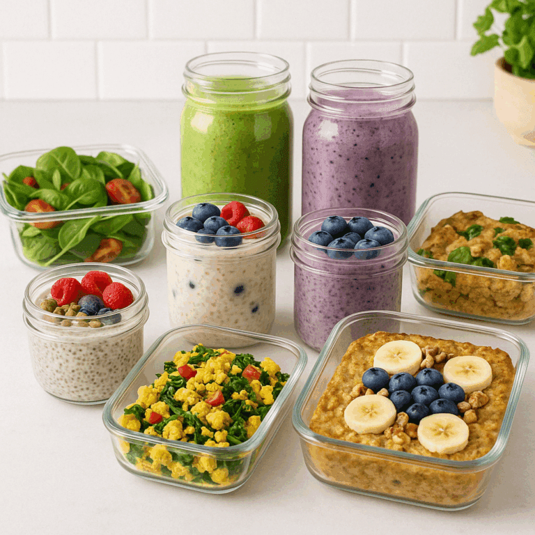 Variety of healthy breakfast meal prep ideas including overnight oats, tofu scramble, chia pudding, and smoothie jars on a kitchen counter
