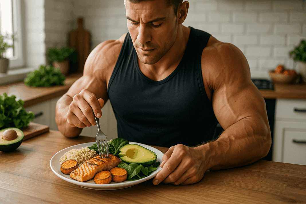 Muscular athlete preparing a nutrient-rich meal with salmon, quinoa, sweet potatoes, and greens as part of a healthy bulking diet