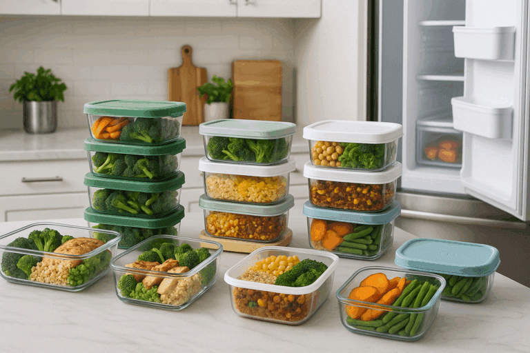 Colorful meals stored in the best freezer safe meal prep containers on a kitchen counter with glass, silicone, and plastic options