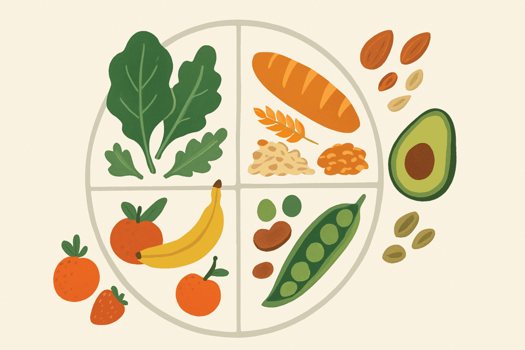 Best Healthy Foods to Eat Every Day for Better Nutrition and Lasting Energy 1 Colorful display of the best healthy foods to eat every day, including fruits, greens, legumes, and whole grains on a wooden table