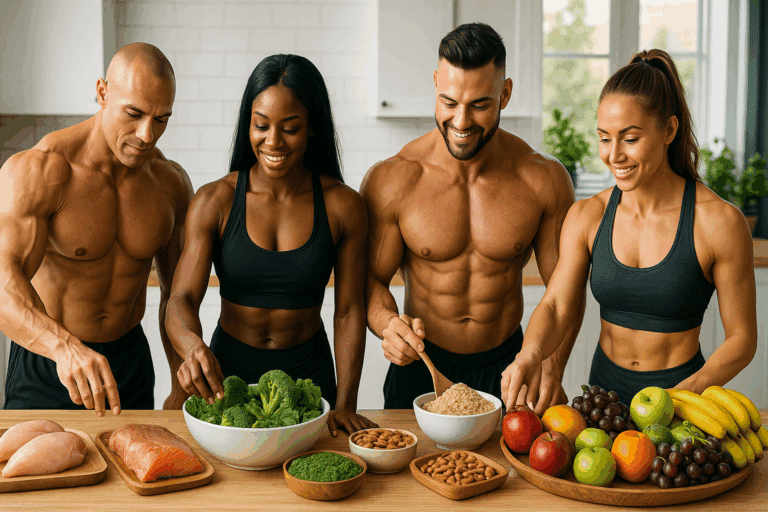 Bodybuilder preparing balanced meals with lean protein, complex carbs, and healthy fats, visually representing what do body builders eat daily.