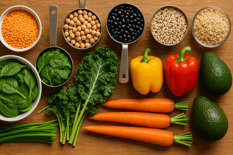 Colorful countertop display of easy vegetarian meal prep with chickpeas, quinoa, leafy greens, and roasted vegetables arranged in glass containers.