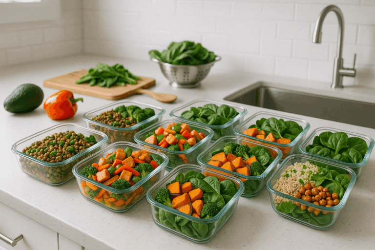 Colorful vegan meal prep for weight loss with portioned glass containers filled with lentils, tofu, quinoa, and roasted vegetables on a clean kitchen counter.