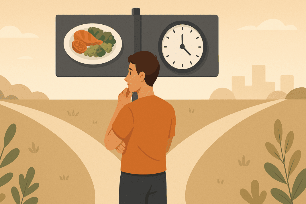 Contemplative person standing between a plate of food and a clock, visually exploring the question: does skipping meals help lose weight