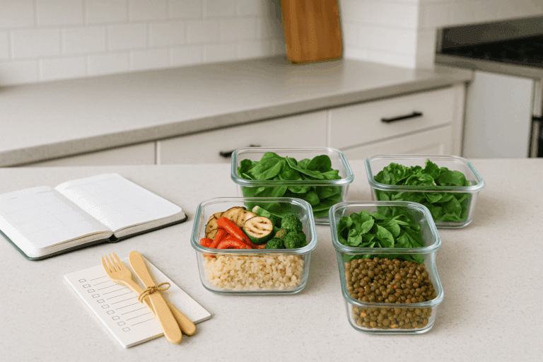 Meal prep containers on a kitchen counter filled with colorful, nutritious foods representing simple meal preparation for a healthy weekly routine.
