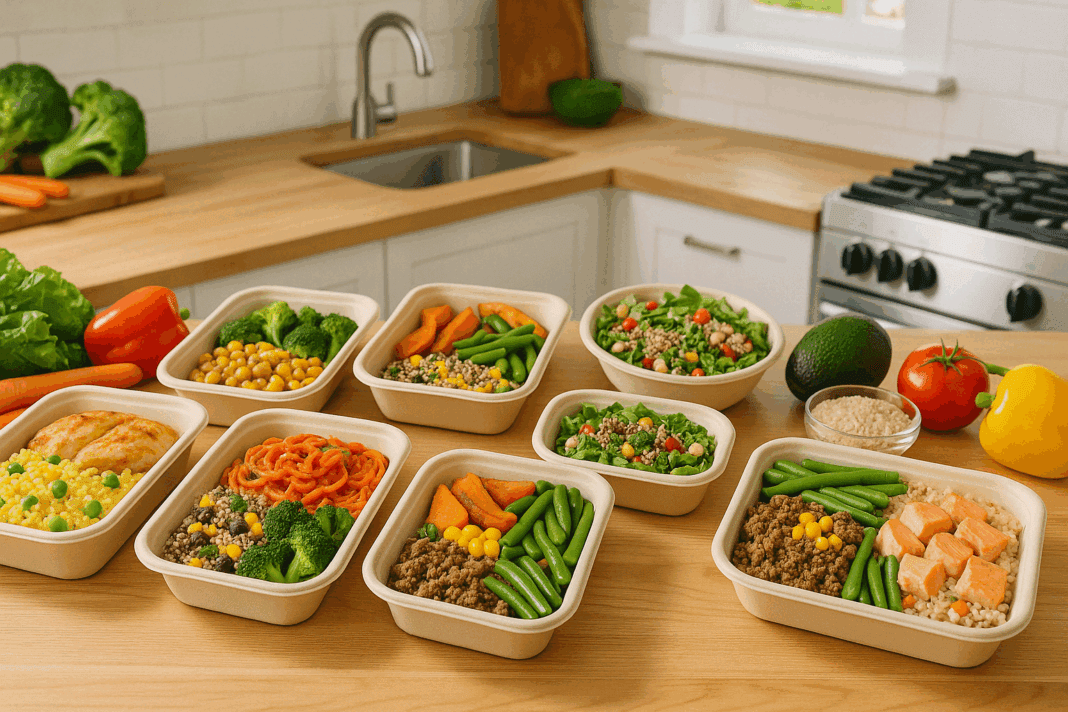 Healthy ready meals displayed on a kitchen counter with colorful vegetables, grains, and proteins in eco-friendly containers