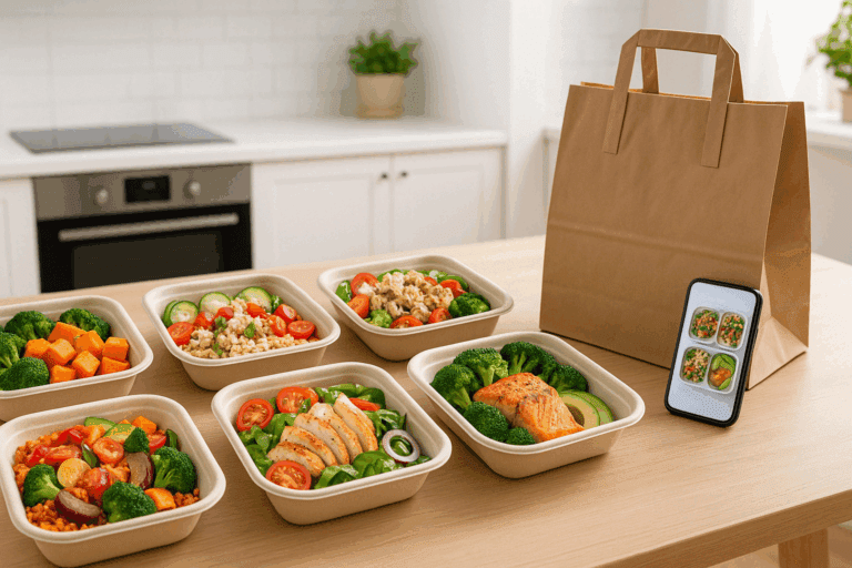 Fresh prepared meals near me arranged in eco-friendly containers on a kitchen table with plant-based, keto, and Mediterranean options visible Fresh prepared meals near me arranged in eco-friendly containers on a kitchen table with plant-based, keto, and Mediterranean options visible