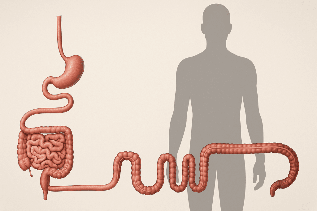 Medical-style illustration showing the full uncoiled digestive tract beside a human silhouette, revealing fun facts about the human digestive system