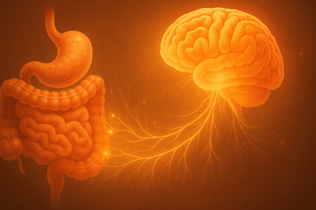 3D concept of brain and intestines connected by glowing nerves, illustrating fun facts about the human digestive system