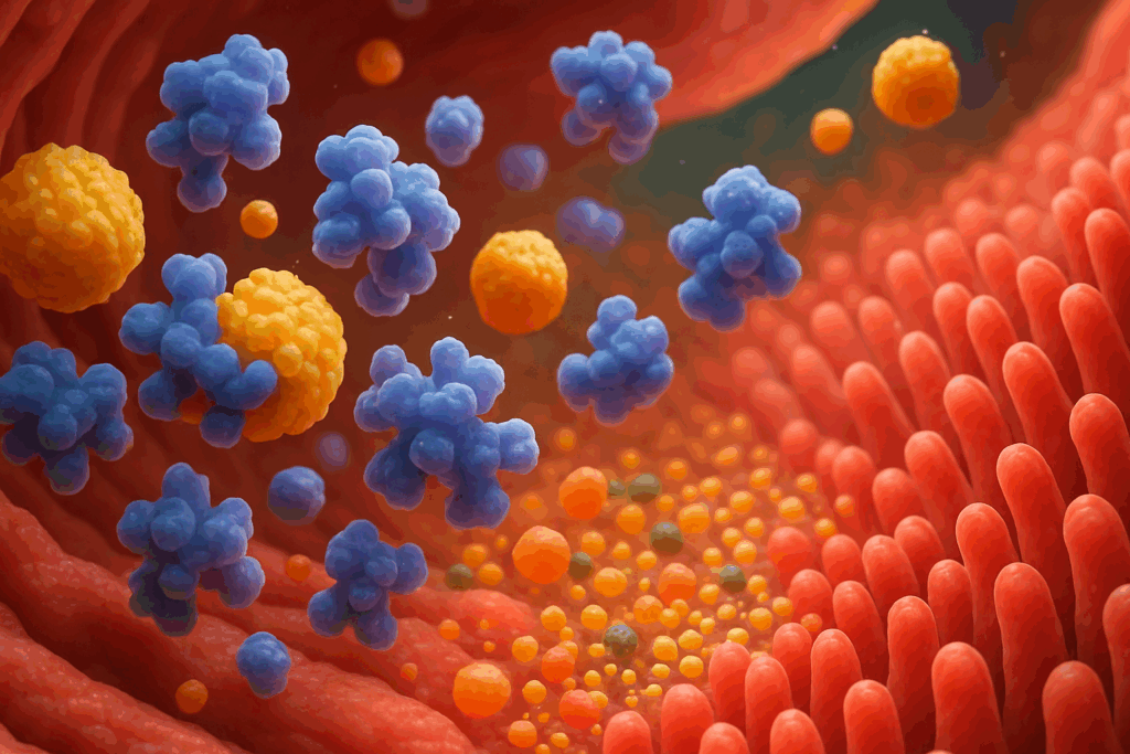 Microscopic view of digestive enzymes breaking down food in the small intestine, illustrating fun facts about the human digestive system.