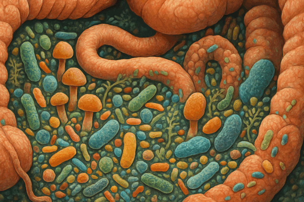Artistic rendering of the gut microbiome showing bacteria and fungi inside the intestines, illustrating fun facts about the human digestive system