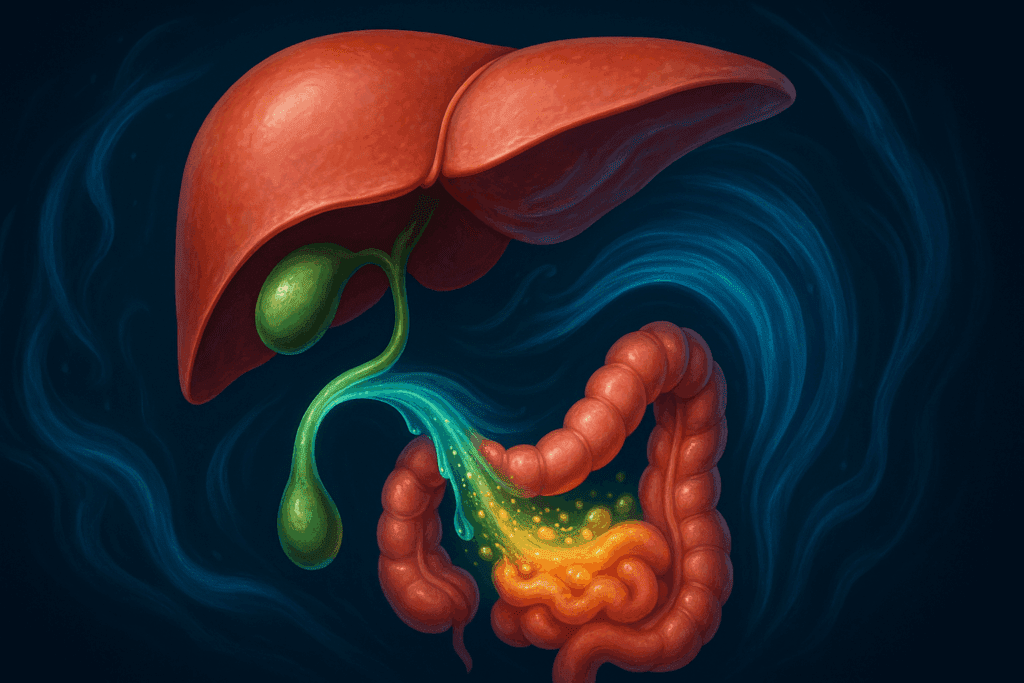 Human liver, gallbladder, and small intestine visualizing bile flow and fat digestion—great for fun facts about the human digestive system.