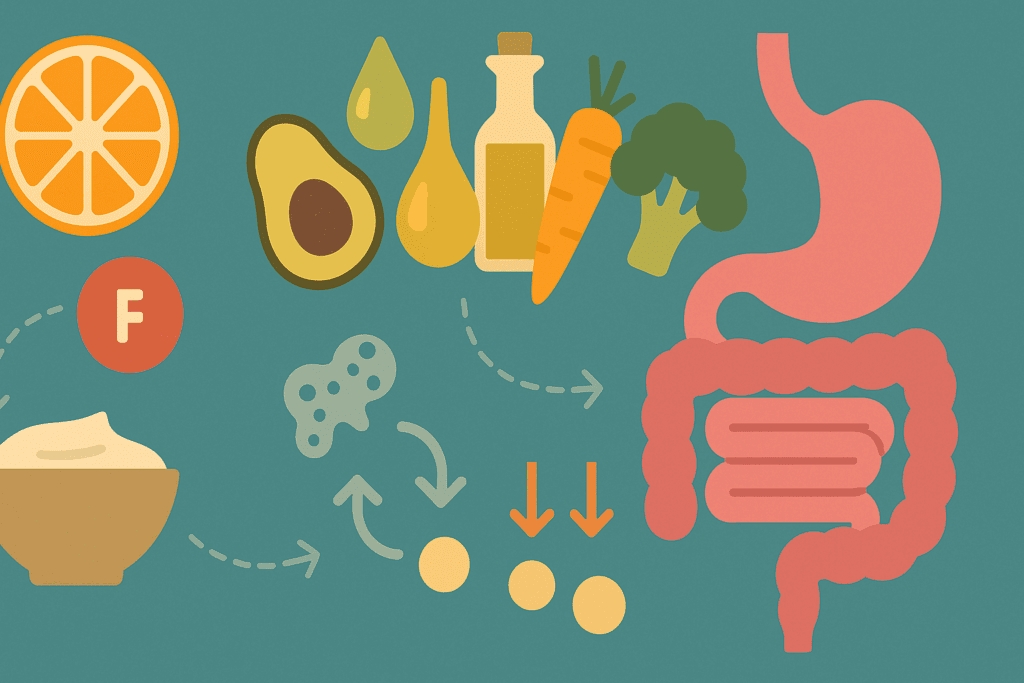 Infographic showing fun facts about the human digestive system with colorful food synergy illustrations like vitamin C and iron, healthy fats with vegetables, and enzyme activity aiding absorption