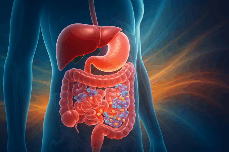Medically accurate side view of the digestive system highlighting organs and gut bacteria, illustrating fun facts about the human digestive system